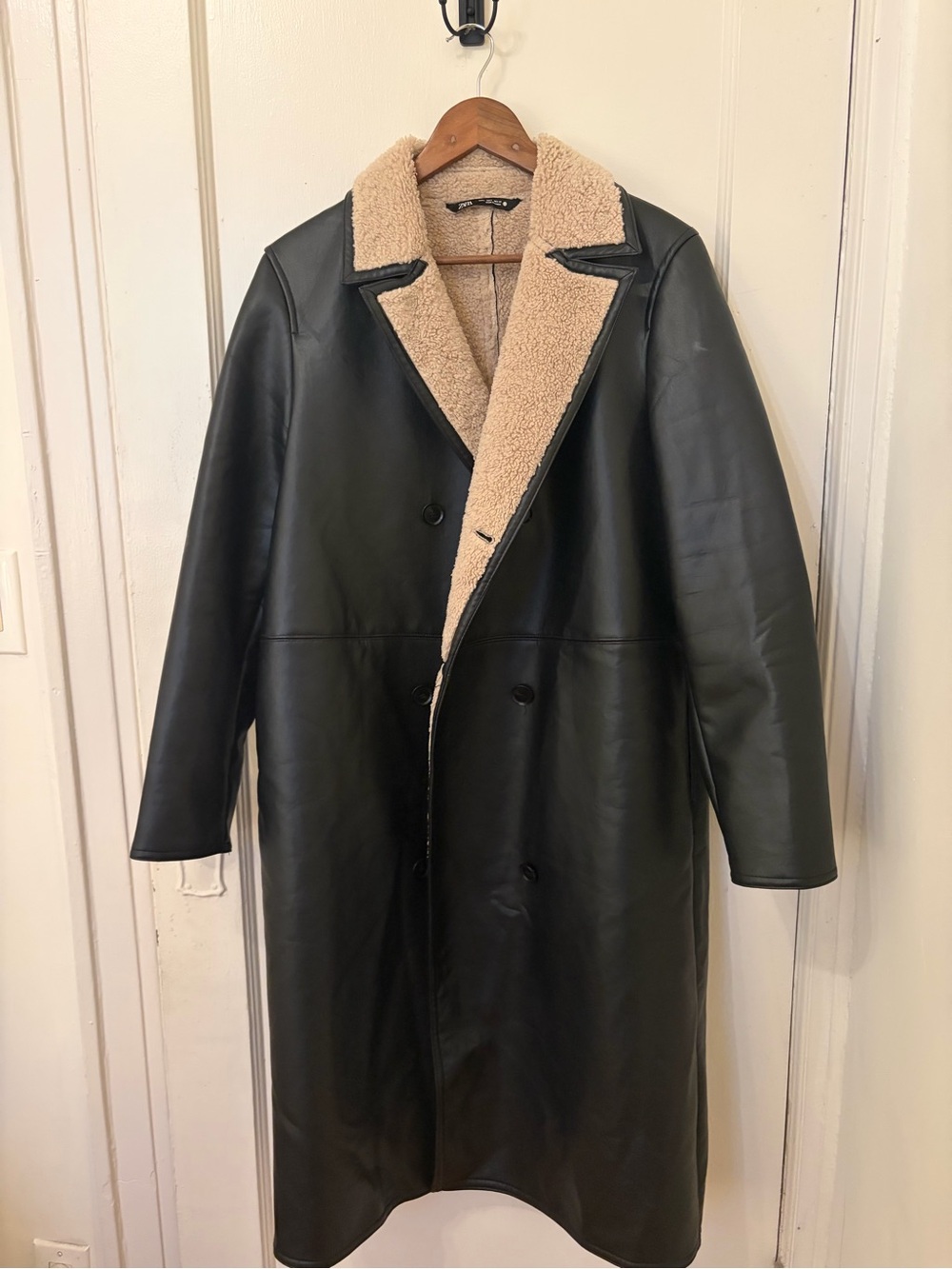 Zara Black Faux Leather Coat with Beige Shearling Collar